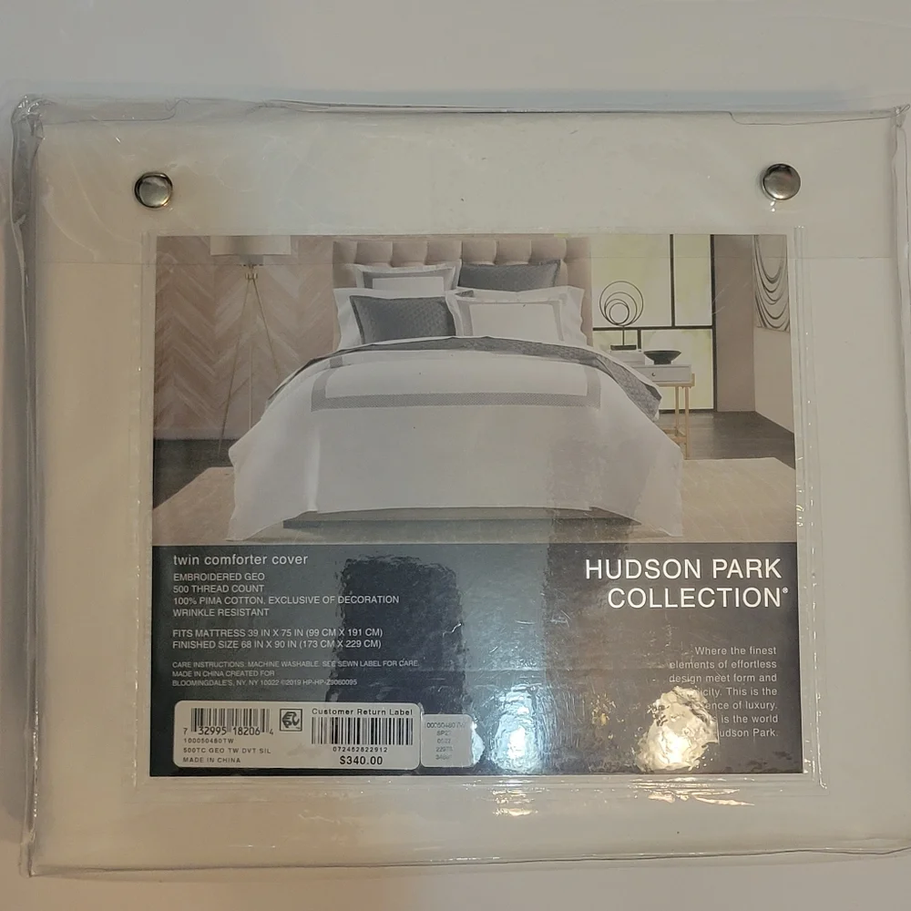 Hudson Park 500TC Sateen Duvet Cover Twin Pima Cotton White Silver Embroidered